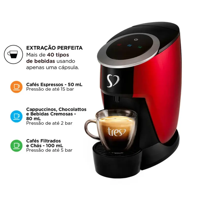 Cafeteira Espresso Três Corações Touch, Multibebidas, Automática, Vermelha 127V - Image 3